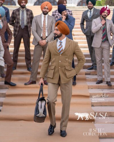 Camel Brown Blazer Paired Elegantly with Fawn Beige Tailored Pant
