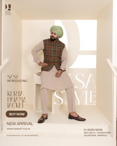 Rust Check Jacket with Light Beige Kurta Pajama