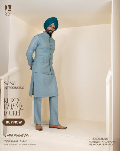 Pastel Blue Plaid Jacket with Dusty Sky Green Kurta Pajama