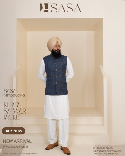 Slate Blue Glen Plaid Jacket with Pure White Kurta Pajama