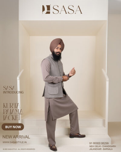 Taupe Herringbone Jacket with Light Taupe Brown Kurta Pajama