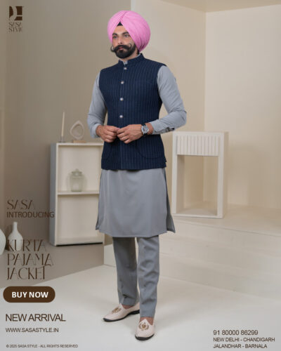 Navy Pinstripe Jacket with Light Grey Kurta Pajama