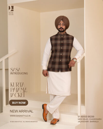 Dark Brown Beige Plaid Jacket with Off-White Kurta Pajama