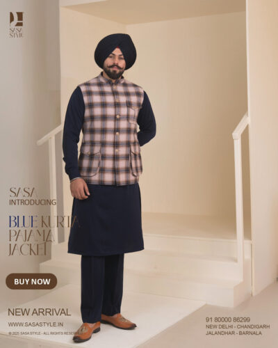 Pale Dogwood Plaid Jacket with Navy Blue Kurta Pajama