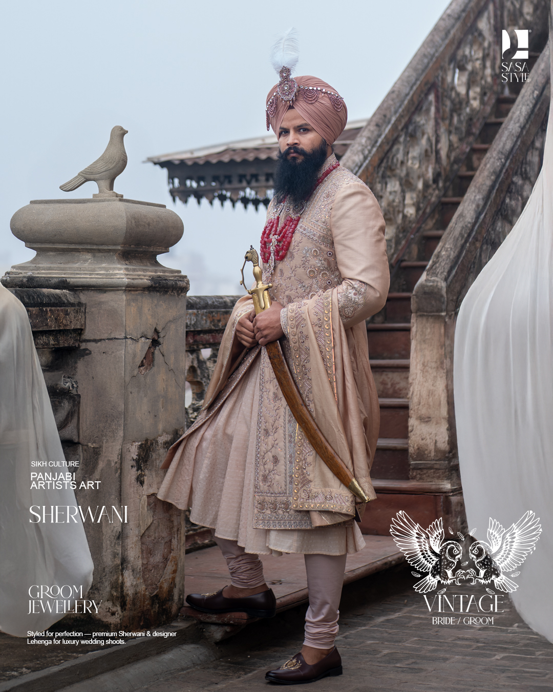 Beige Gold Vintage Groom Sherwani with Heritage Hand Embroidery