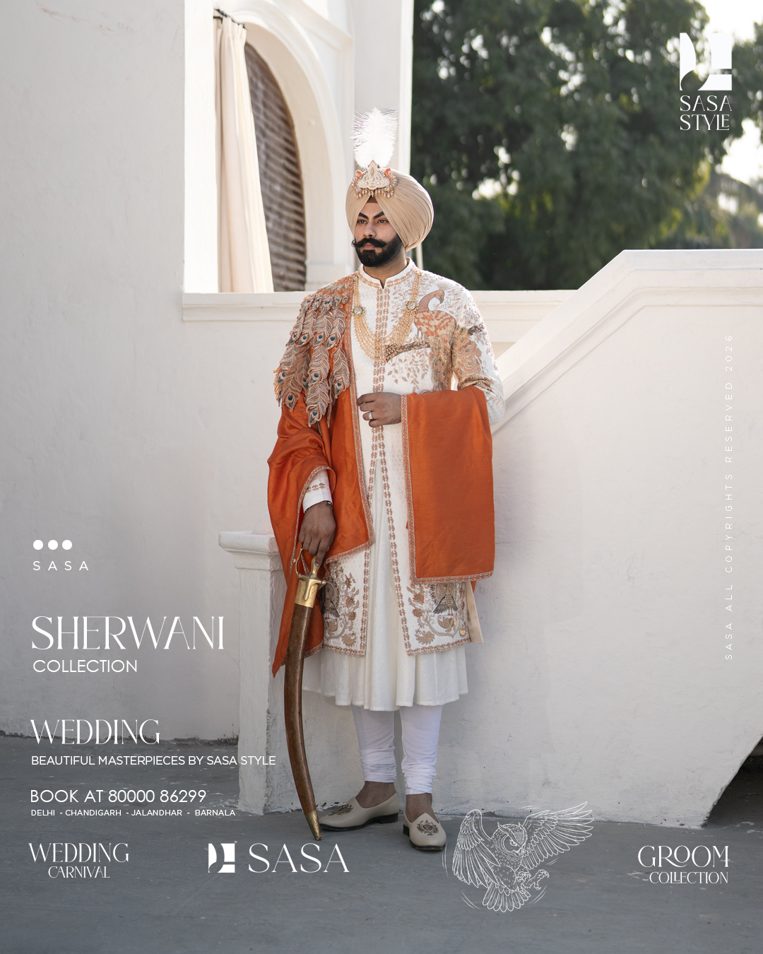 Ivory Brocade Sherwani with Orange Hand-Embroidered 3D Silk Palla