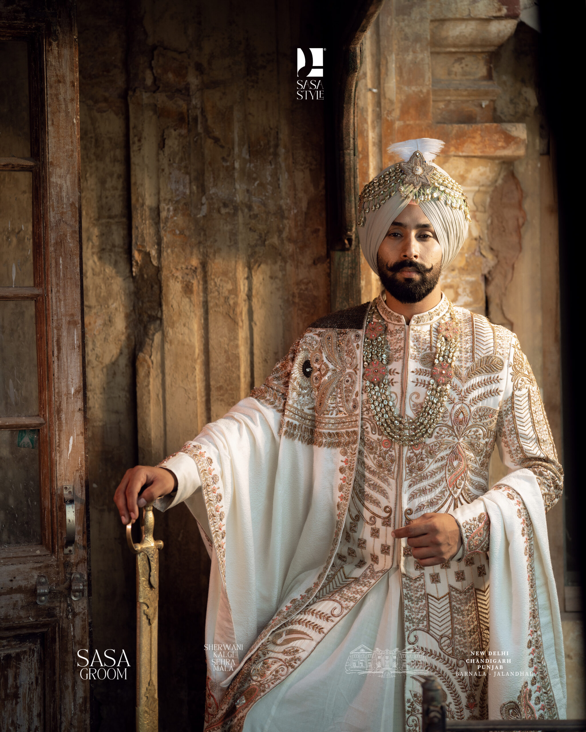 Magnificent Cream Sherwani with Gold-Copper Embroidery & Royal Turban
