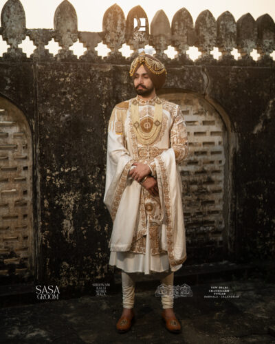 Cream-Gold Maharaja Sherwani with Royal Horse Motif Embroidery Palla